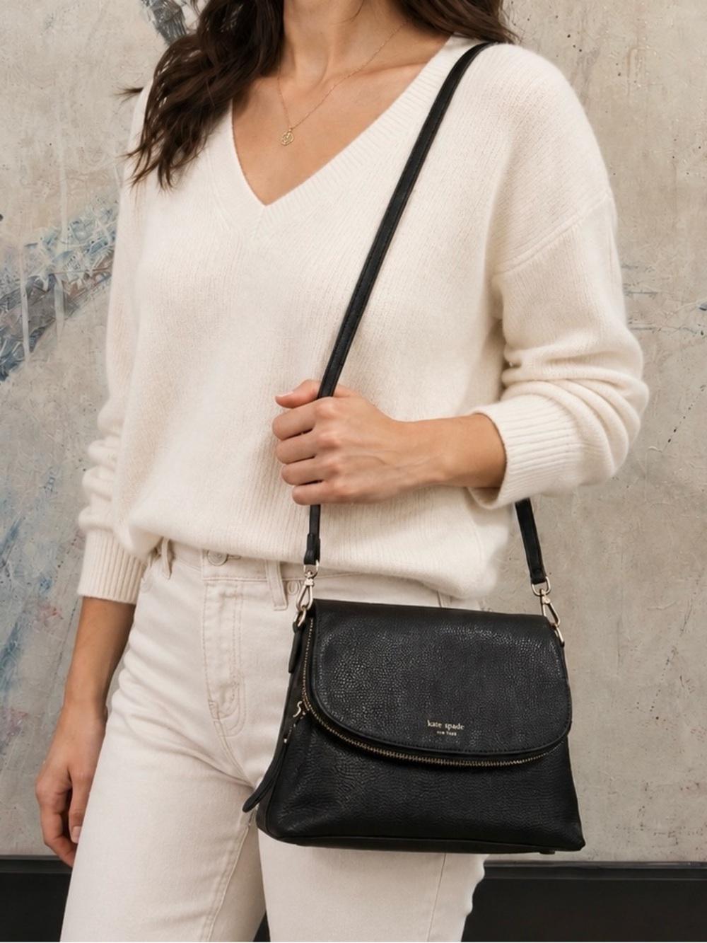 Kate Spade Black Polly Convertible Flap Leather Crossbody Bag Purse Length